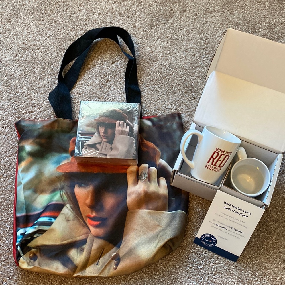 Taylor Swift Red Capital One Bundle - 2 coffee mugs, tote bag, puzzle